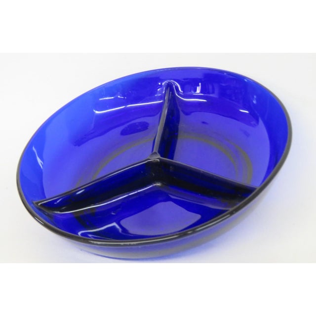 Art Deco Cobalt Blue Glass Relish Dish Round 3 Compartment Sectioned Serving Bowl 4907b For Sale - Image 3 of 12