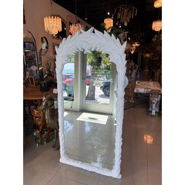 Vintage Newly Lacquered White Roche Style Palm Frond Leaves Leaf Wall Mirror For Sale In West Palm - Image 6 of 11