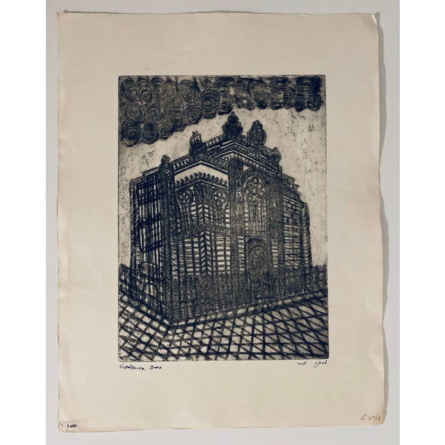 Dora Szampanier, Etching of destroyed synagogue - Lodz, Poland For Sale In Miami - Image 6 of 6