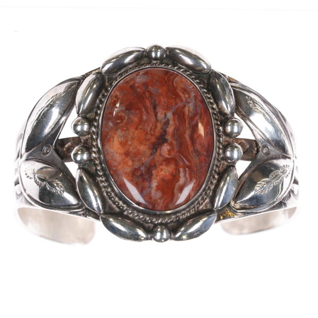 Contemporary 6.25" 40's-50's Fred Harvey style sterling/jasper cuff bracelet For Sale - Image 3 of 10