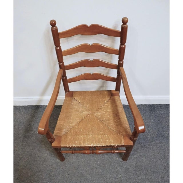 Statton Furniture Solid Hard Rock Maple Colonial Early American Ladder Back Dining Arm Chair W. Rush Seat For Sale - Image 9 of 11