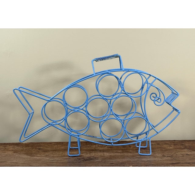 Mid Century Modern Blue Wire Fish Wine Bottle Holder Sculptural Bar Rack For Sale - Image 4 of 6