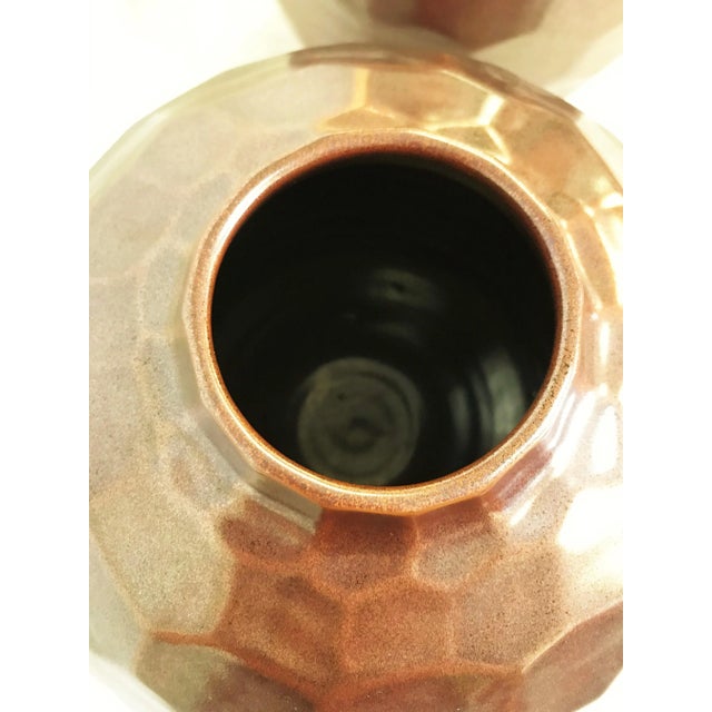 Large Geometric Honeycomb Style Ceramic Vases With Copper Glaze- a Pair For Sale In West Palm - Image 6 of 9