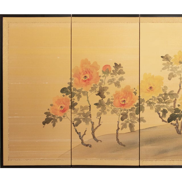 Lovely Shōwa Era 4-panel Japanese hand painted silk Byobu (folding screen), depicting Peonies flowers and leaves. Signed...