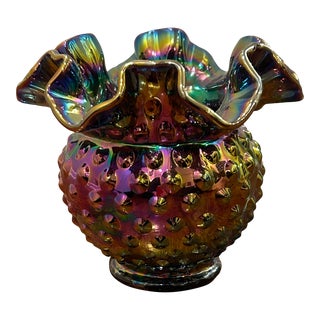 Mid 20th Century Fenton Glass Amethyst Hobnail Ruffled Iridescent Vase For Sale