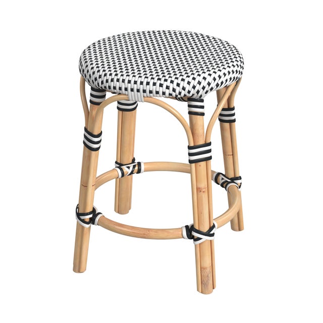 Wood Tobias 18 in. Seat Height Round Rattan Dining Stool, White/Black Dot/ Natural Rattan Frame For Sale - Image 7 of 7