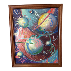Vintage 1970s Space Age Geometric Painting ~ Framed