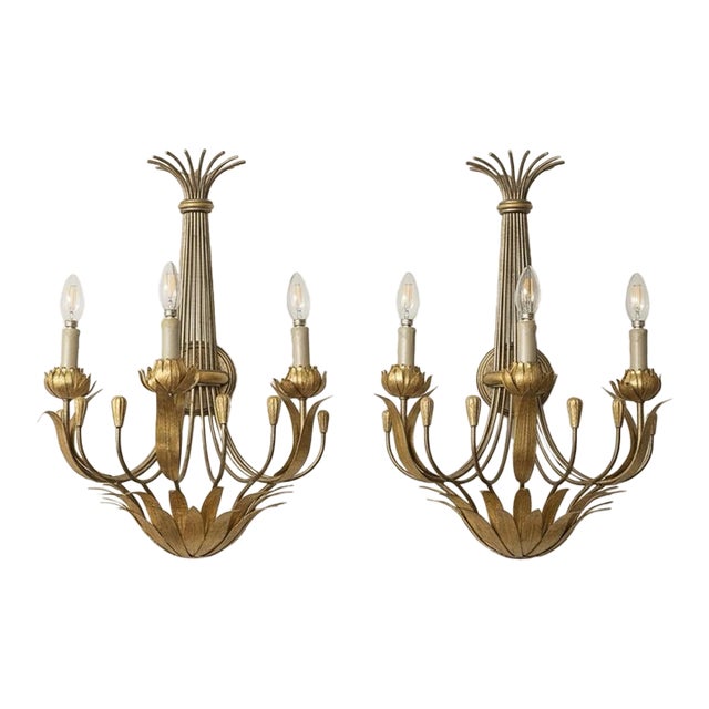 1980s Pair of Neoclassical Three-Light Brass Sconces For Sale