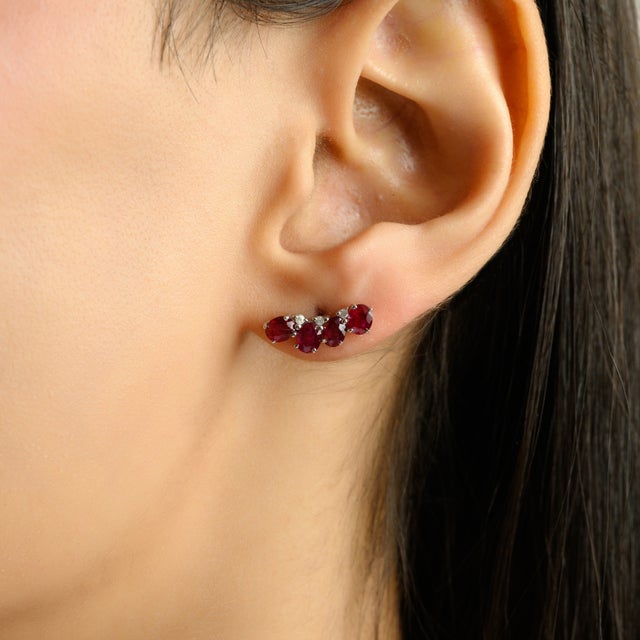 Metal Art Deco Inspired Solid Silver Oval Ruby & Diamond Crawler Earrings- 2 Pieces For Sale - Image 7 of 11