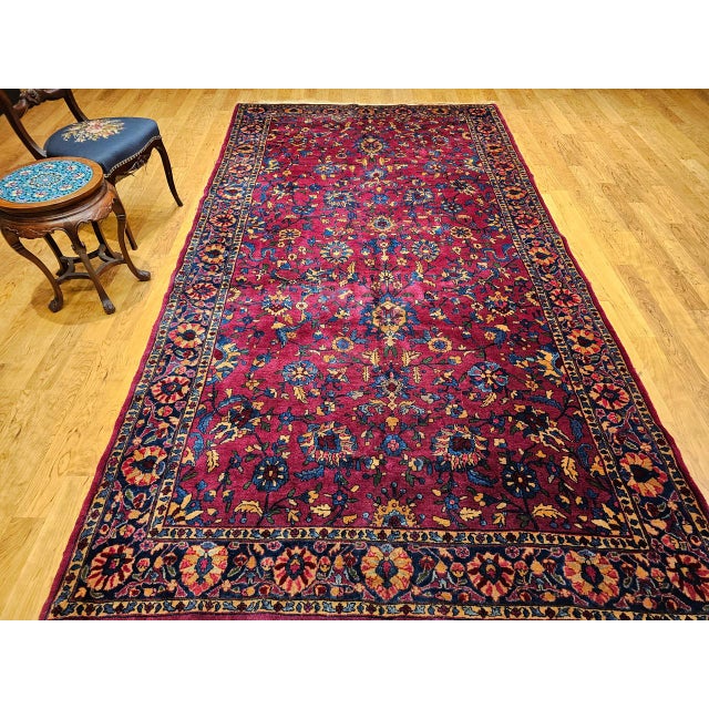 Vintage Persian Manchester Kashan Gallery Rug, Hand-Knotted Wool, Geometric Pattern, 6x12, Crimson Red & Blue For Sale - Image 16 of 18