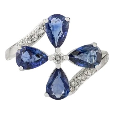 14k Gold 1.58 Ct Floral Sapphire Diamond Bypass Art Deco Ring Size 6.5 For Sale