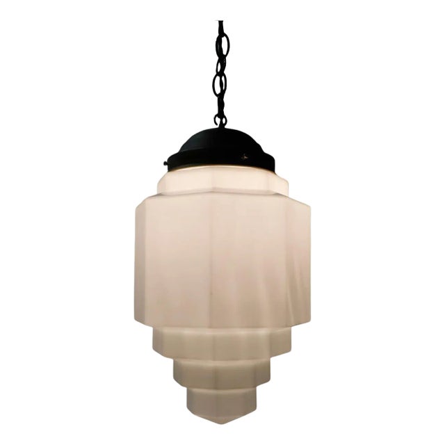 Big Size Art Deco Milk Glass Skyscraper Pendant Light For Sale