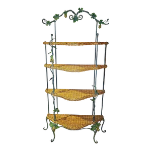 1980s Art Nouveau Wrought Iron and Wicker Etagere'