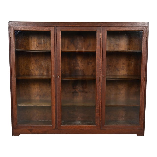 Limbert Style Antique Mission Oak Arts and Crafts Triple Bookcase Cabinet, Circa 1900 For Sale