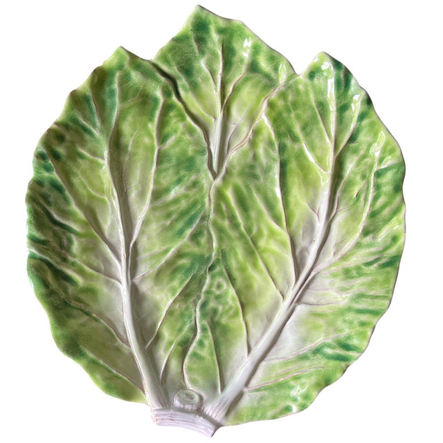 A beautifully modeled vintage Italian majolica dish in the form of a lush lettuce leaf, glazed in layered tones of green...