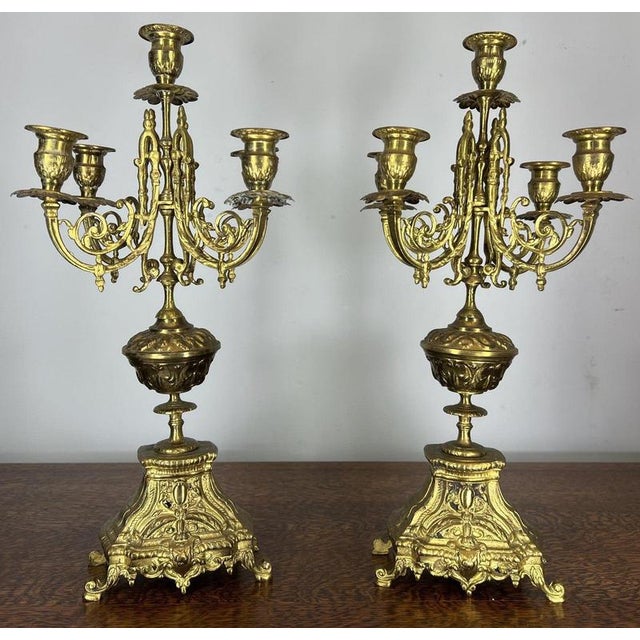 Vintage French Clock in Brass and Candelabra Set, Set of 3 For Sale - Image 5 of 18