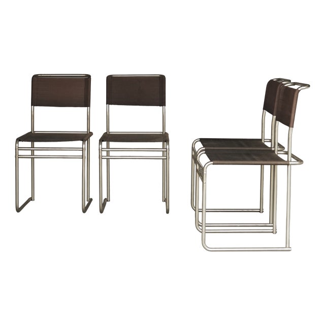 B40 Dining Chairs in Nickel-Plated Tubular Steel and Eisengarn Fabric by Marcel Breuer for Tecta, 1980s, Set of 4 For Sale