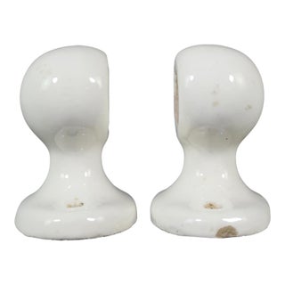 Pair of Vintage European White Ceramic Bathroom Towel Bar Brackets For Sale