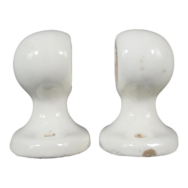 Pair of Vintage European White Ceramic Bathroom Towel Bar Brackets For Sale