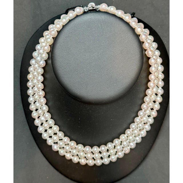 White 8mm Akoya Japanies Pearl Triple Strand Choker Necklace, 18k White Gold & Diamond For Sale - Image 8 of 8