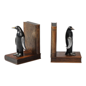 Pair of Art Deco Walnut, Black Enamel & Brass Sculptural Penguin Bookends