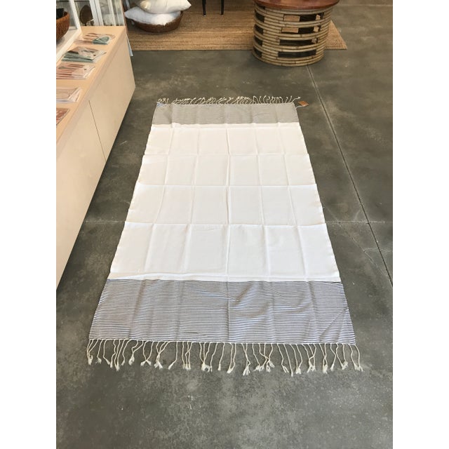 Modern Handwoven Turkish Fouta Bath Towel Off White With Black Stripes and Fringe by Scents & Feel For Sale - Image 3 of 8