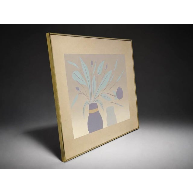 Vintage-style framed artwork featuring a minimalist floral still life composition with soft botanical forms, vase shapes,...