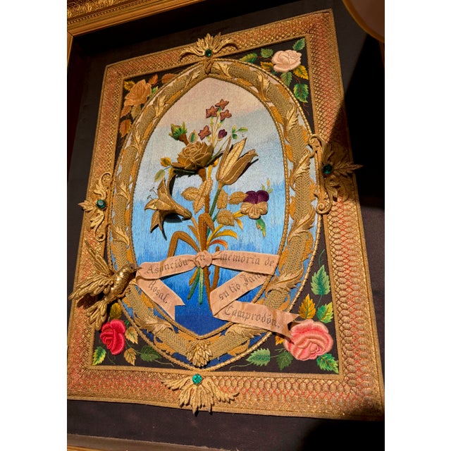 Antique 19th Century Spanish Silk & Gold Bullion Embroidery Memorial Silkwork Art For Sale - Image 4 of 5