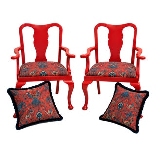 Mid Century Pair of Bespoke Chippendale/Queen Anne Style Armchair in Vibrant Red With Velvet Emma Shipley Upholstery For Sale