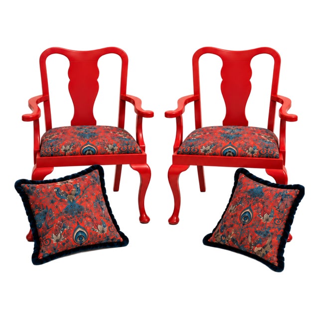 Mid Century Pair of Bespoke Chippendale/Queen Anne Style Armchair in Vibrant Red With Velvet Emma Shipley Upholstery For Sale