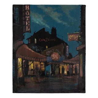 R. Marien, Pigalle in the Night, Oil on Wooden Plate, Framed For Sale