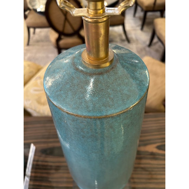 Modern Large Cerulean Blue Ceramic Pottery Table Lamps -a Pair For Sale - Image 3 of 10