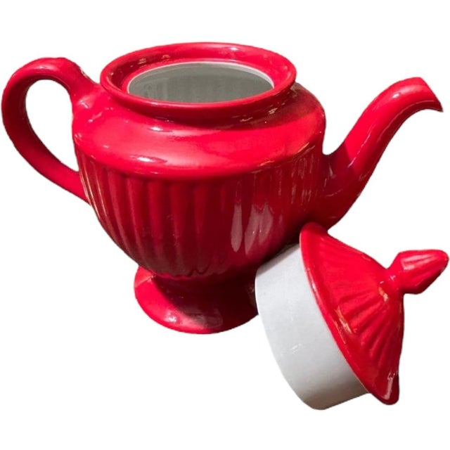 Red Vintage Hall Pottery Red Ribbed Tea Pot, Usa For Sale - Image 8 of 11