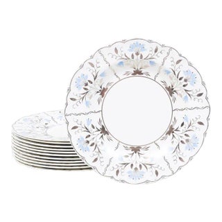 1920s Wedgwood Luster Ware Dinner Plates With Blue and Silver Flowed- Set of 12 For Sale
