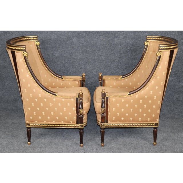 1960s Pair Louis XVI Style Carved With Gilt Accent Wing Back Bergère Chairs For Sale - Image 5 of 15