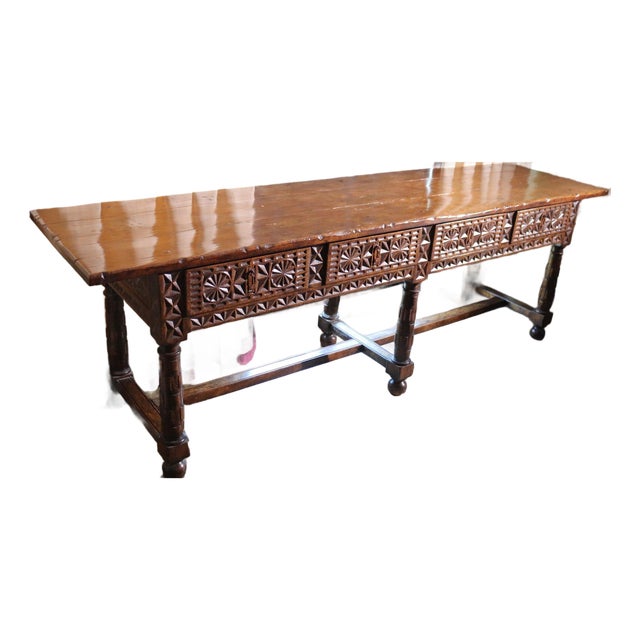 108-Inch Spanish Baroque Hand-Carved Walnut Console Table - 9-Foot Grand Hacienda Refectory For Sale