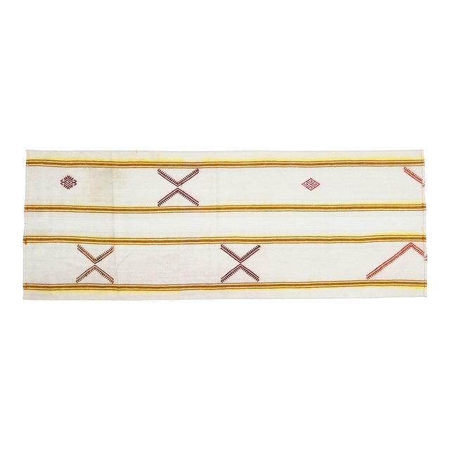 1970s Vintage Turkish Handmade Wool & Cotton White Runner Rug For Sale