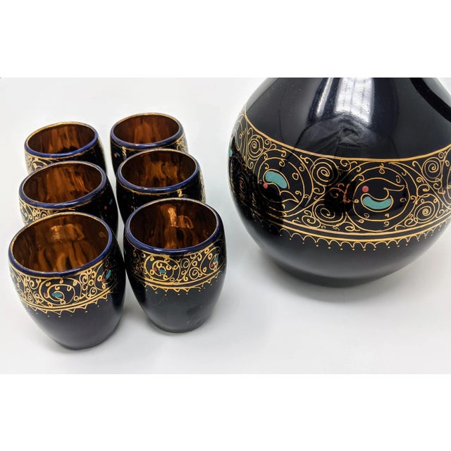 Blue Vintage 1980s Regency Navy Blue and Gold Carafe & Shot Glass Set - 7 Pieces For Sale - Image 8 of 13