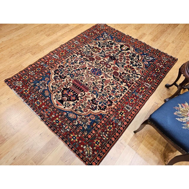 Antique Persian Bakhtiari Bibibaft Rug, Hand-Knotted Wool, The Tree of Life Pattern, Tan & Red, 5x7 For Sale - Image 9 of 18