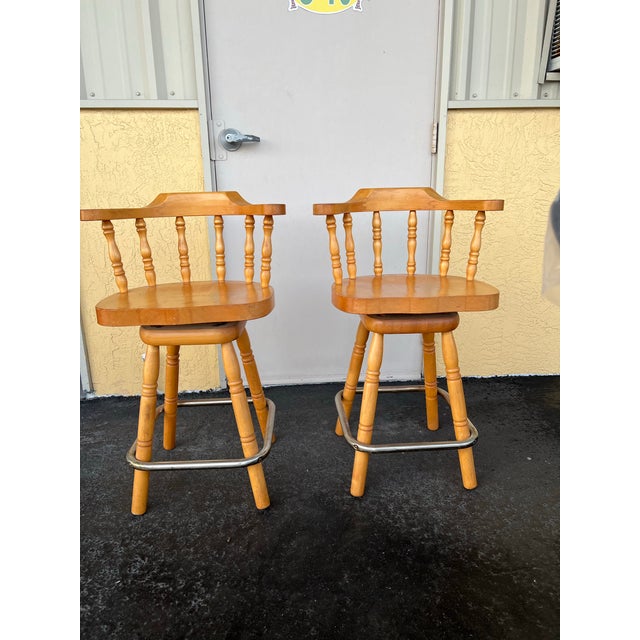 Ethan Allen 1960s Solid Wood Swivel Captain’s Bar Stools Set of 2 For Sale - Image 4 of 6