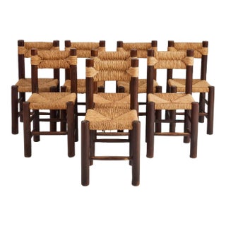 French Rustic Dining Chairs With Rush Seat, Charlotte Perriand Style, 1960's, Set of 8 For Sale