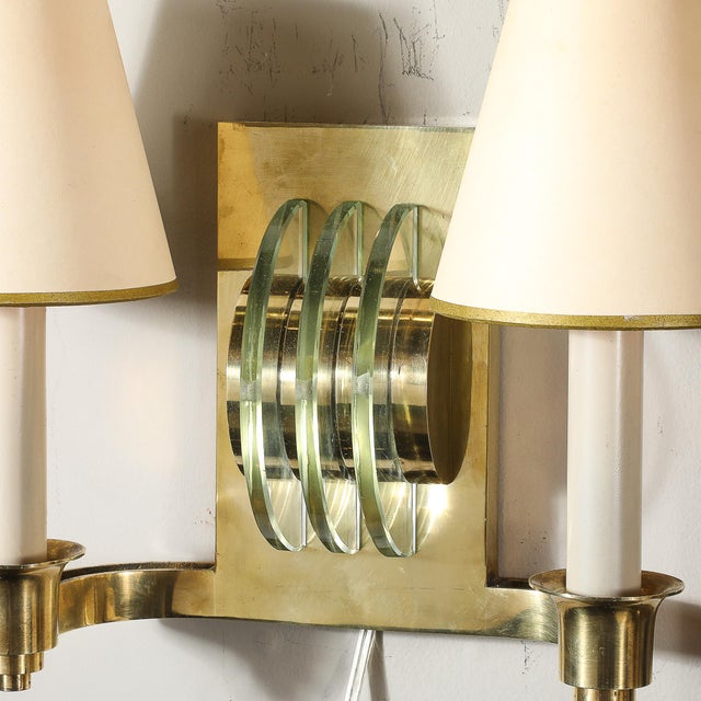 Art Deco Glass & Polished Brass Skyscraper Style Sconces by Genet Et Michon For Sale In New York - Image 6 of 11