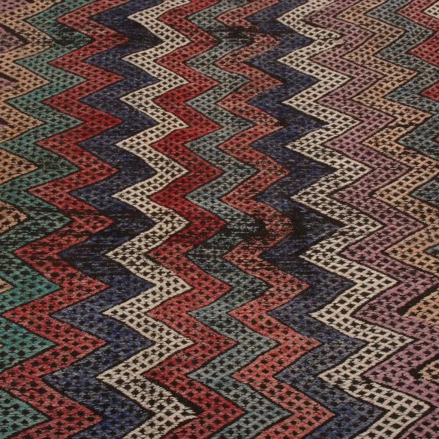 Rug & Kilim 1950s Vintage Mid-Century Geometric Chevron Red Blue and Yellow Wool Kilim Rug For Sale - Image 4 of 6