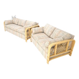 Pair Bent Bamboo Frames Linen Like Upholstery Mid Century Modern Sofa Loveseat For Sale