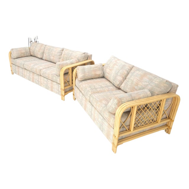 Pair Bent Bamboo Frames Linen Like Upholstery Mid Century Modern Sofa Loveseat For Sale