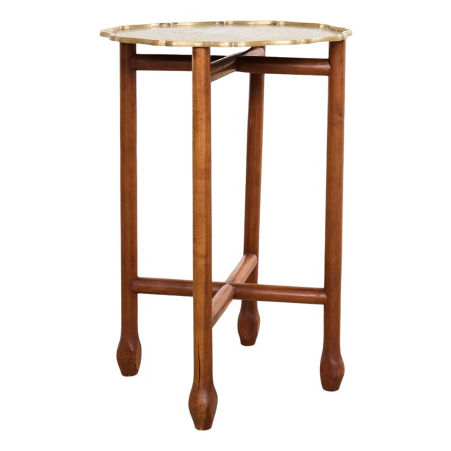 Asian Etched Brass Tray Table on Four Leg Stand For Sale