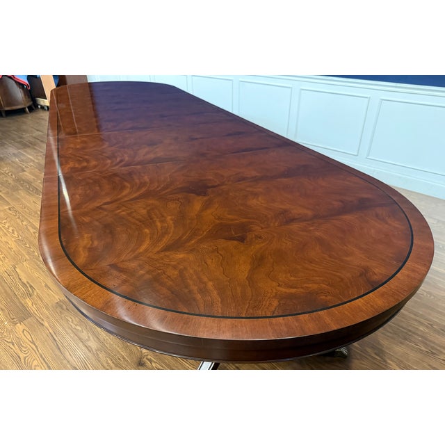 Traditional Oval Banded Mahogany Double Pedestal Dining Table by Leighton Hall -Showroom Sample For Sale - Image 13 of 18
