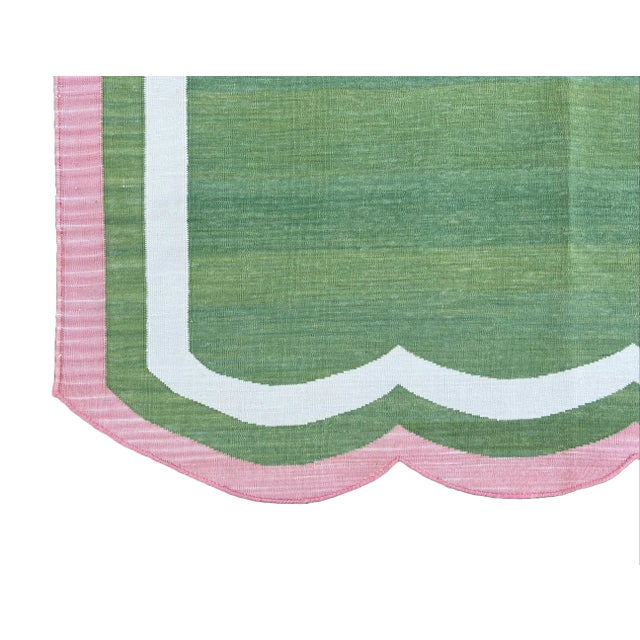 Handwoven Cotton Area Rug Vegetable Dyed Forest Green and Pink Border Scalloped Dhurrie - 10'x14' For Sale - Image 10 of 10