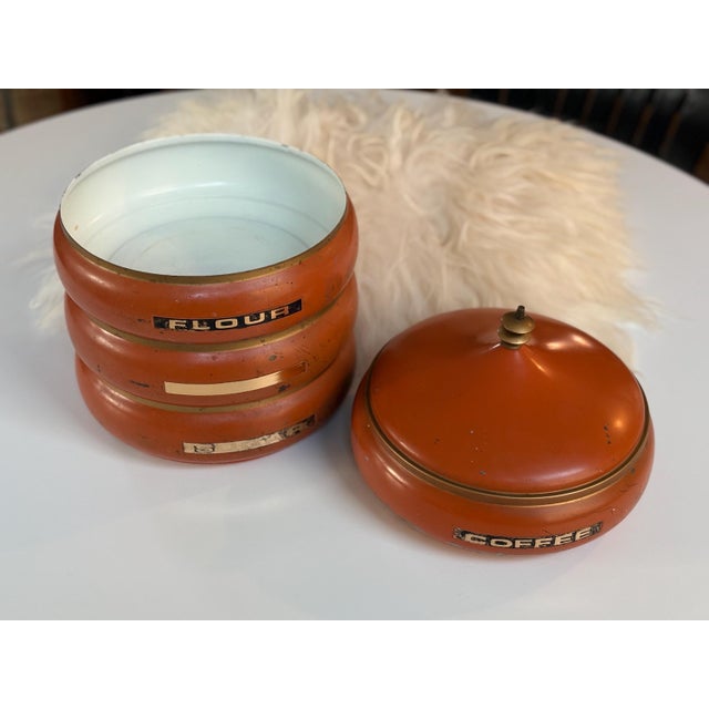 1960s Atomic Pagoda Orange Metal Canister Set For Sale - Image 4 of 7