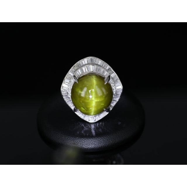 Title: Massive 28.70ct Natural Chrysoberyl Cat's Eye & 1.94ct Diamond Platinum Ring Size 6.25, 20.8g Age/Markings: Estate,...